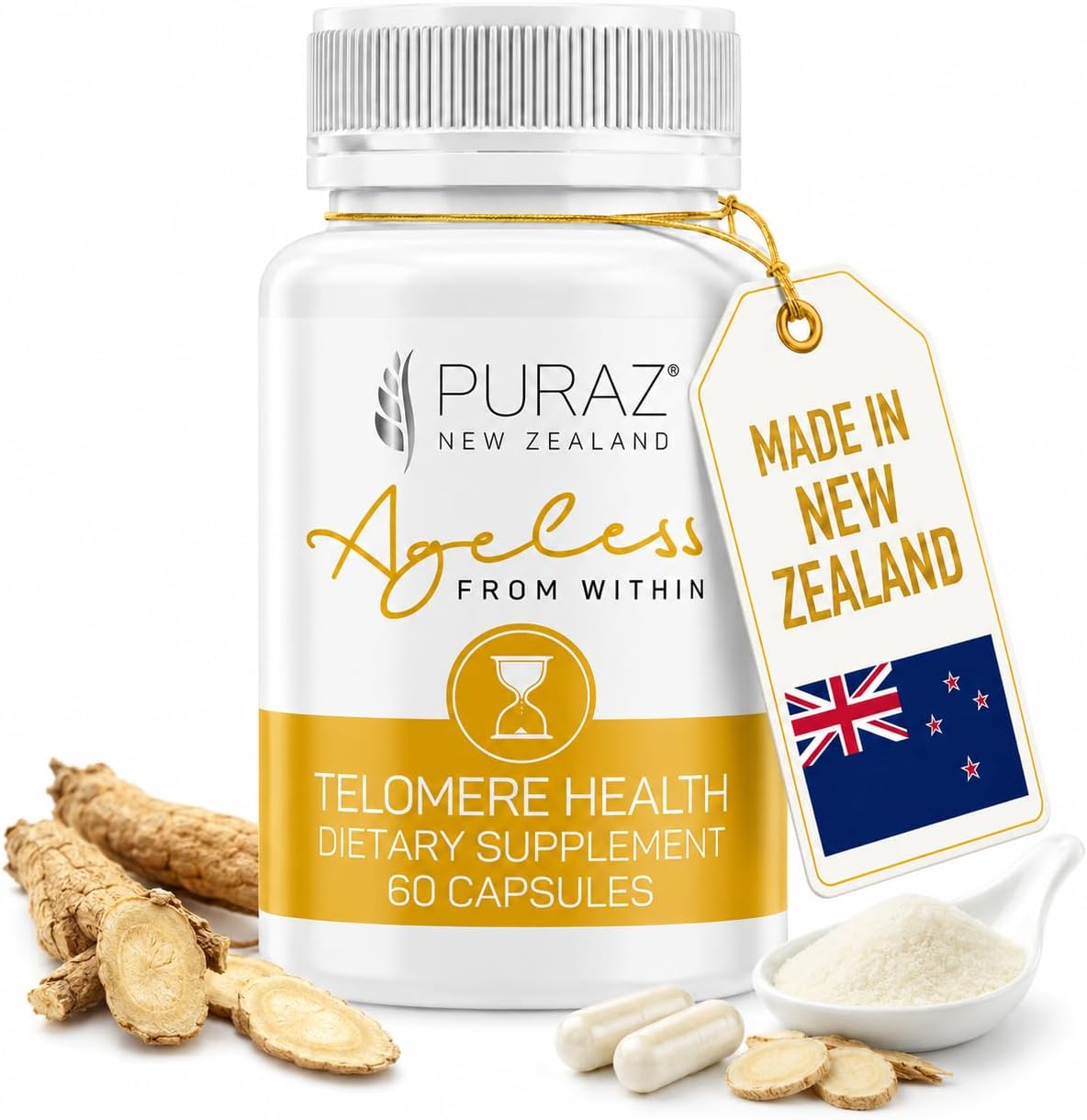 PURAZ Telomere Supplements with Potent Astragalus Root Extract & Collagen - Advanced Formula for Telomere Support, Anti-Ageing, Longevity, DNA Repair & Antioxidant Defence - 60 Capsules - görsel 1