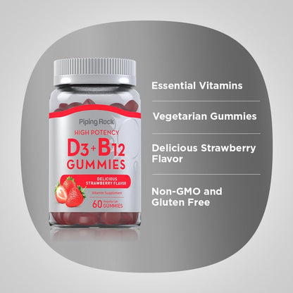 Piping Rock Vitamin D3 and B12 Gummies - High Potency, Strawberry Flavour, 60 Count