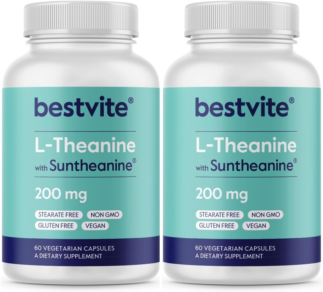 BESTVITE Suntheanine L-Theanine 200mg – Double Strength – 120 Vegan Capsules – Relaxation & Focus Support - görsel 1