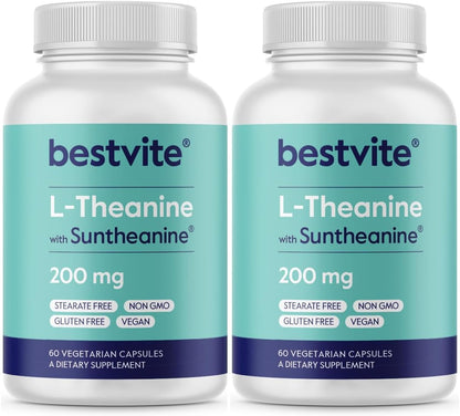 BESTVITE Suntheanine L-Theanine 200mg – Double Strength – 120 Vegan Capsules – Relaxation & Focus Support