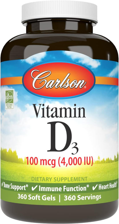 Carlson Vitamin D3 4000 IU (100 mcg) – Immune Support, Bone Health, Muscle Function – 360 Softgels