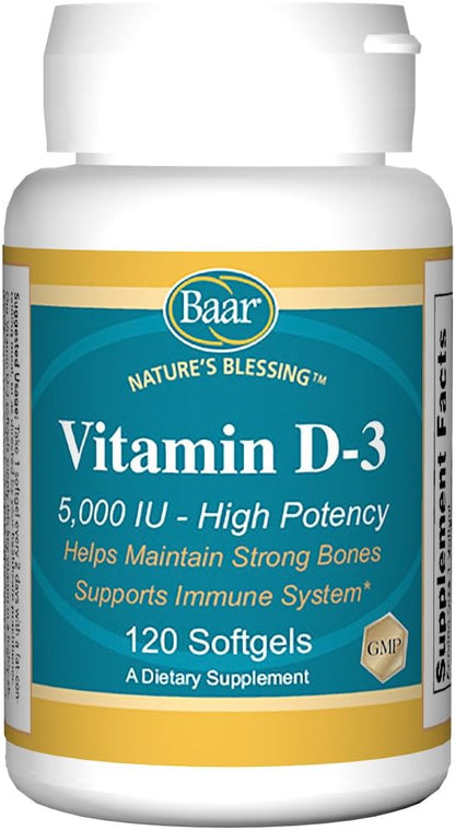 Baar Vitamin D3 Softgels, 5,000 IU, 120 Softgels