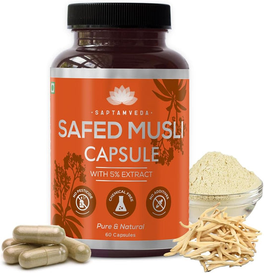 SAPTAMVEDA Natural Safed Musli Veg Capsules, 500mg Extract, 60 Capsules