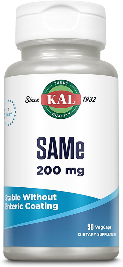 KAL SAM-e 200mg – S-Adenosyl-L-Methionine Supplement for Nervous System, Wellbeing and Mood Support – Enhanced Absorption, Vegetarian, 30 Veg Capsules