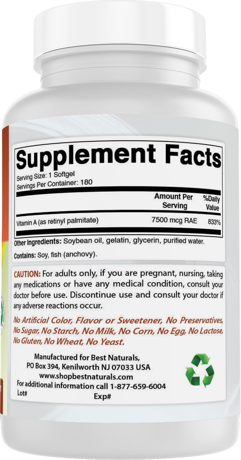 Best Naturals Vitamin A 25,000 IU (7,500 mcg), Non-GMO, 180 Softgels - görsel 6