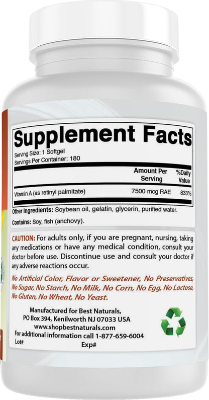Best Naturals Vitamin A 25,000 IU (7,500 mcg), Non-GMO, 180 Softgels