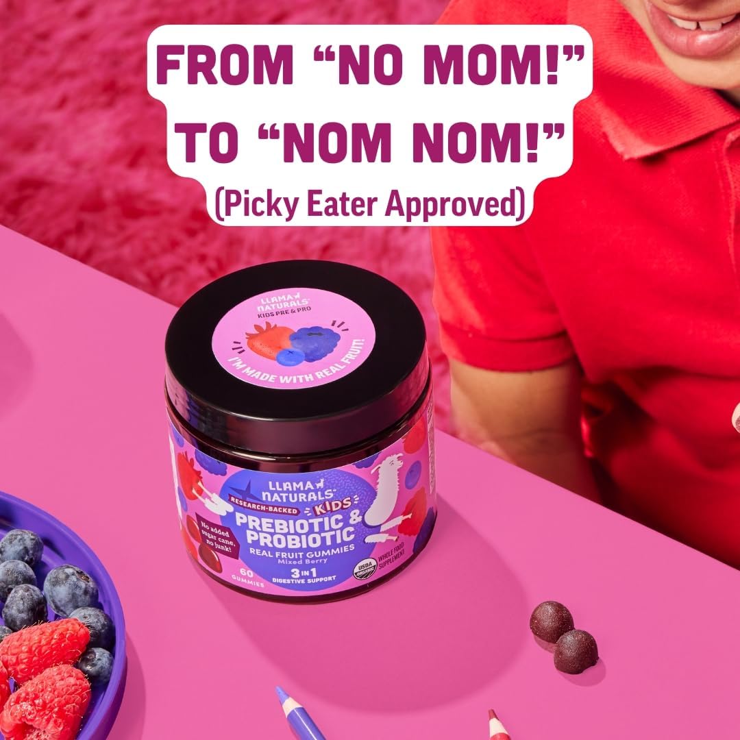 Llama Naturals Kids Probiotic with Prebiotic Fibre, Vegan, Organic Prebiotics and Probiotics Gummies for Gut Health Support, Toddler Real Fruit Gummy Vitamins, No Added Sugar, Mixed Berry, 60 Gummies - görsel 6