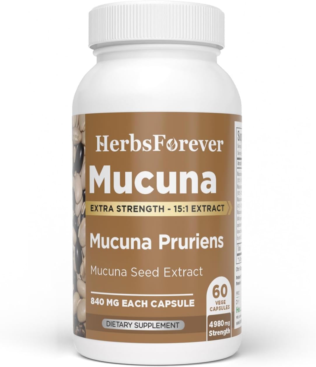 Herbsforever Mucuna Pruriens (Velvet Bean) Extra Strength (15:1) Extract - 60 Veg Capsules, 840mg - görsel 1