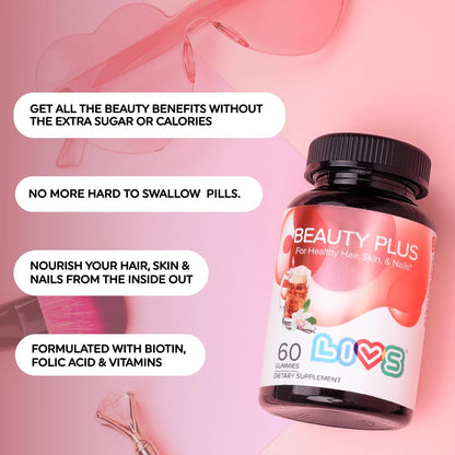 LIVS Beauty Plus Gummy Vitamins - Biotin Gummies for Hair, Skin and Nails - Cream Soda Flavour - 120 Gummies