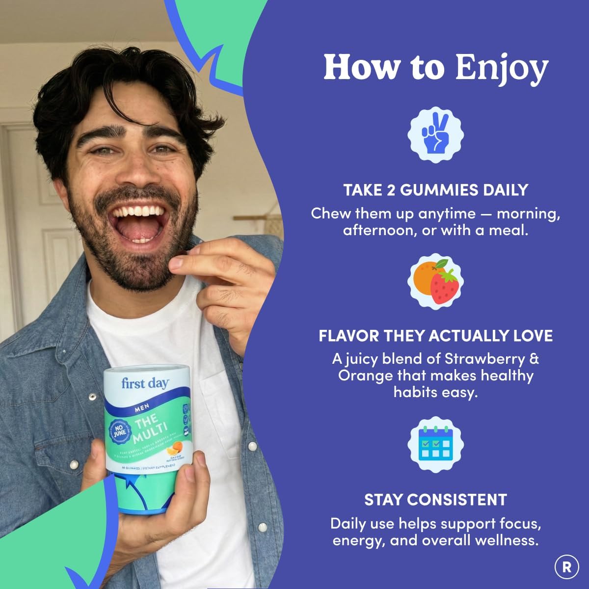 FIRST DAY Multivitamin for Men + Organic Fruit & Vegetable Blend, Men's Multivitamin Gummies with 13 Key Nutrients for Energy, Focus, Immunity - Vitamins A, B1, B2, B6, B9, B12, C, D3, K - 30 Day Supply - görsel 8