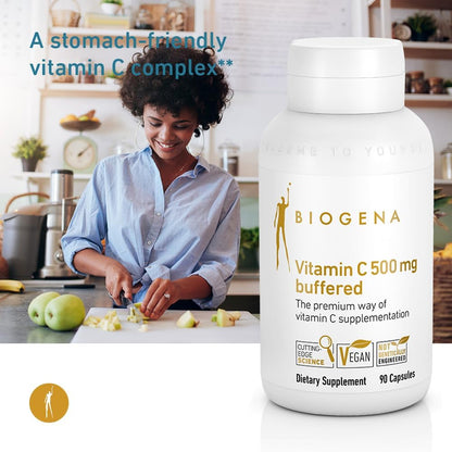Biogena Vitamin C 500 mg Buffered Gold – Stomach-Friendly Vitamin C Complex with Quercetin & Rutin – 90 Capsules
