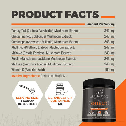 Shield Allergy Immune Support Supplement for Small Breed Dogs - 7 Mushroom Complex with Vitamin C, 108g