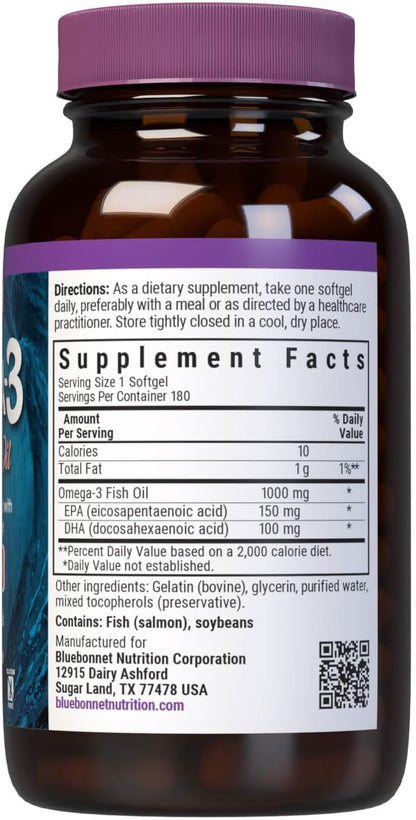 BlueBonnet Omega 3 1000mg Salmon Oil - EPA DHA Essential Fatty Acids - Heart Health Supplement for Women and Men - Molecularly Distilled, Triglyceride Form - 180 Softgels