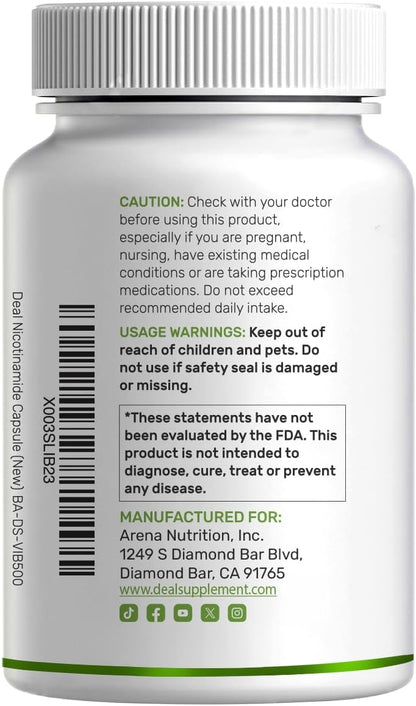 Vitamin B3 Nicotinamide 1,000mg – 500 Capsules – Flush Free Niacin Supplement