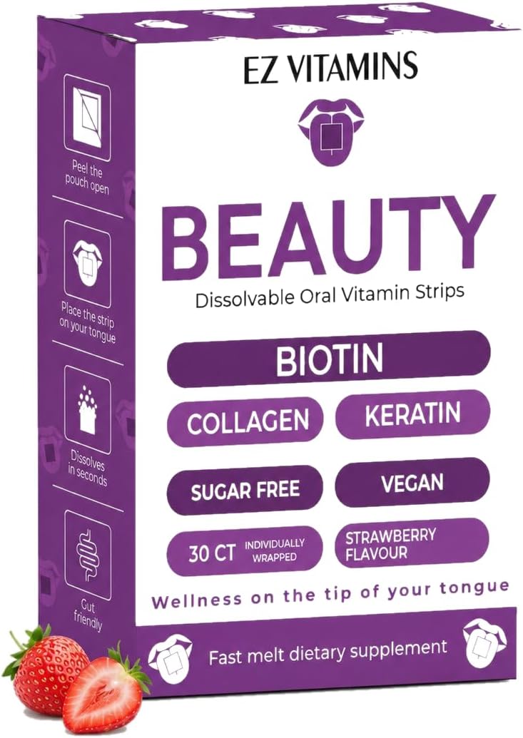 EZ VITAMINS Oral Strips for Hair, Skin and Nails – Fast-Dissolving Biotin, Vitamin E, Collagen and Folate – Strawberry Flavour, 30 Strips - görsel 1