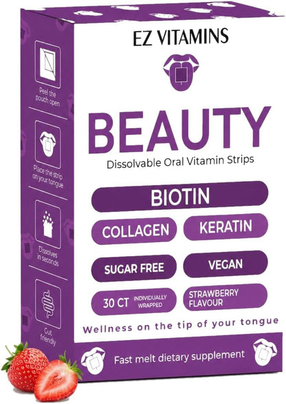 EZ VITAMINS Oral Strips for Hair, Skin and Nails – Fast-Dissolving Biotin, Vitamin E, Collagen and Folate – Strawberry Flavour, 30 Strips