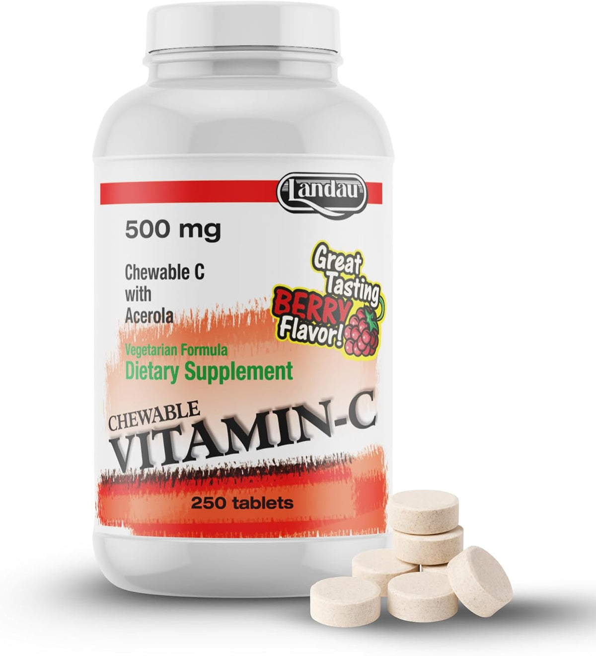 LANDAU Chewable Vitamin C 500mg with Acerola – Berry Flavour – Kosher & Made in USA – 250 Tablets - görsel 1