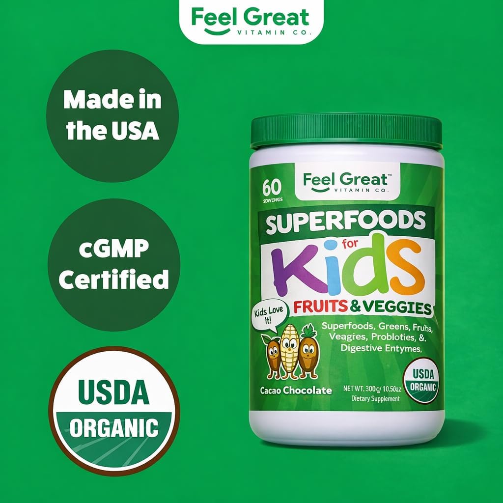 Feel Great USDA Organic Super Greens Powder for Kids – Cocoa Chocolate | Fruit and Vegetable Supplement with Probiotics & Digestive Enzymes - görsel 8