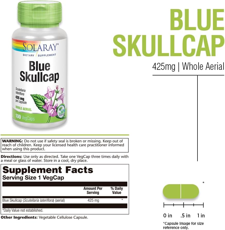 SOLARAY Blue Skullcap Supplement - 425mg Skullcap Extract Capsules, Whole Aerial, GM-Free, Laboratory Verified - 100 Vegetable Capsules - görsel 2