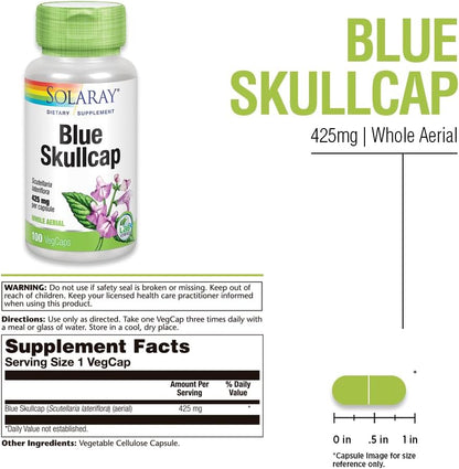 SOLARAY Blue Skullcap Supplement - 425mg Skullcap Extract Capsules, Whole Aerial, GM-Free, Laboratory Verified - 100 Vegetable Capsules