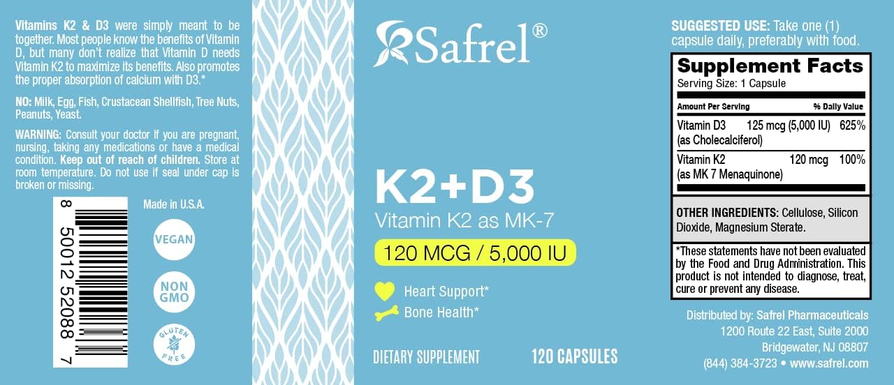 Safrel Vitamin K2 (MK7) 120 mcg + D3 5000 IU per Capsule, Bone, Immune & Heart Health, 120 Capsules - görsel 4