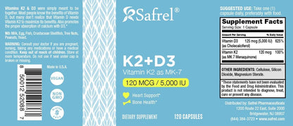 Safrel Vitamin K2 (MK7) 120 mcg + D3 5000 IU per Capsule, Bone, Immune & Heart Health, 120 Capsules