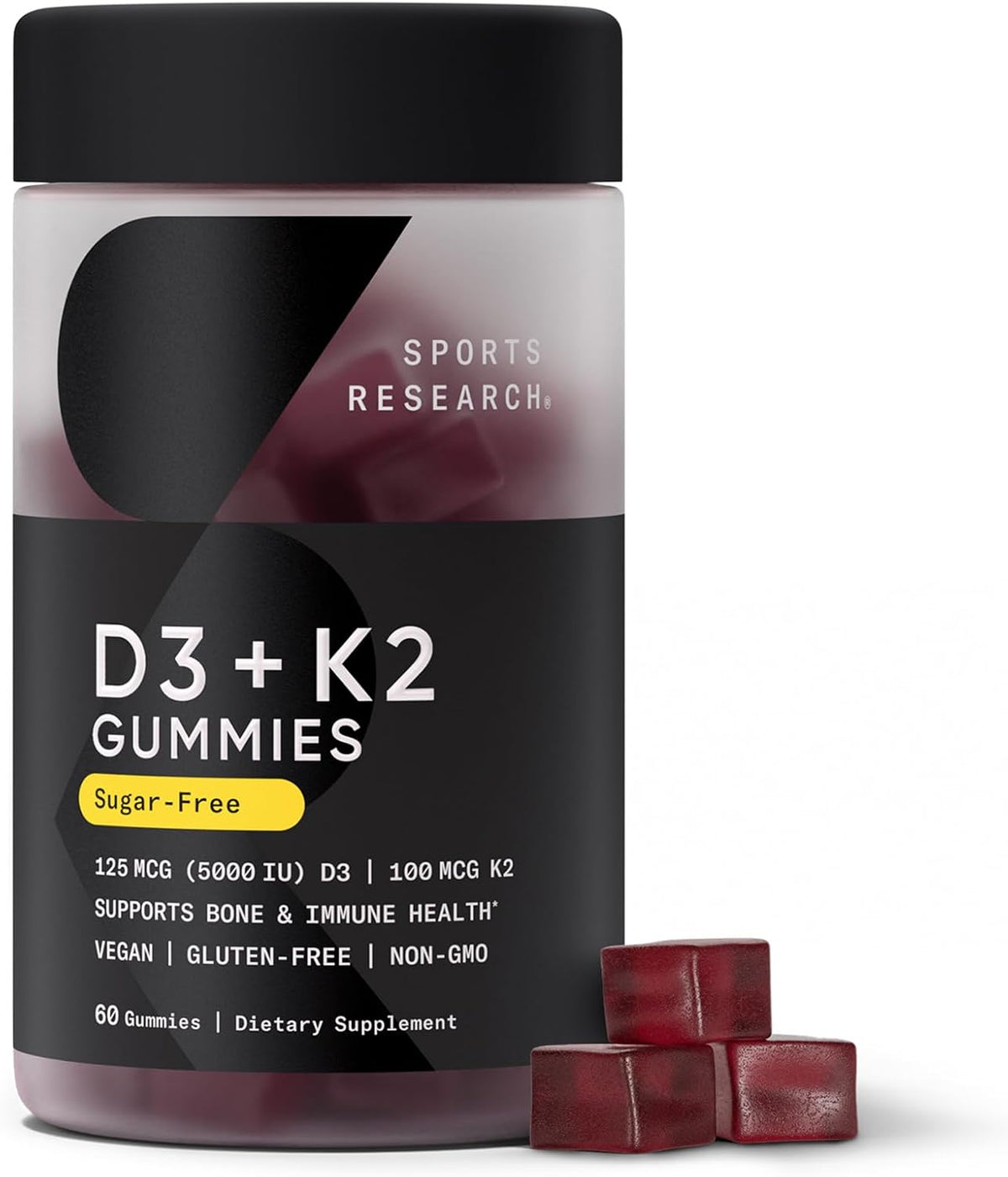 Sports Research® Vegan Vitamin D3 + K2 Gummies – 5000 IU D3 & 100 mcg MK-7 K2 – Sugar-Free – 60 Count - görsel 1