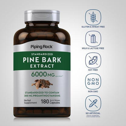 Piping Rock Pine Bark Extract Capsules | 180 Count | Standardised Herbal Supplement | Non-GM & Gluten-free