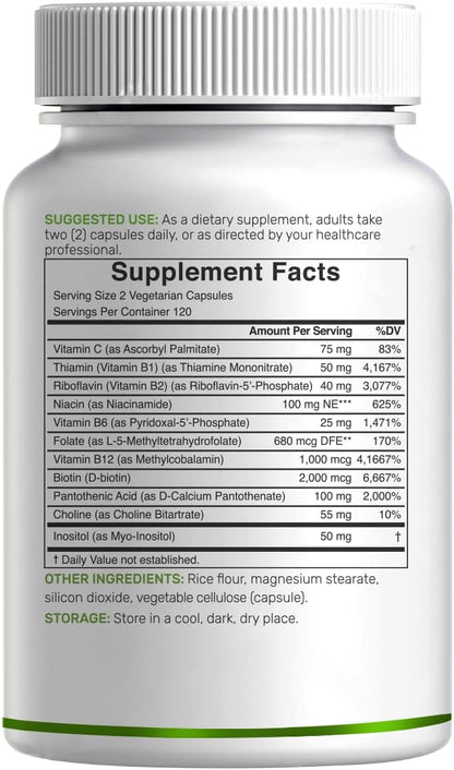 Bioactive Vitamin B Complex with Methylated B Vitamins & Vitamin C - 240 Vegetable Capsules