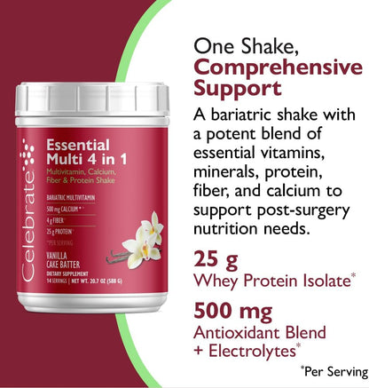 Celebrate Vitamins 4-in-1 Bariatric Multivitamin with Calcium Citrate Protein Shake, Vanilla Cake Batter, 14 Servings