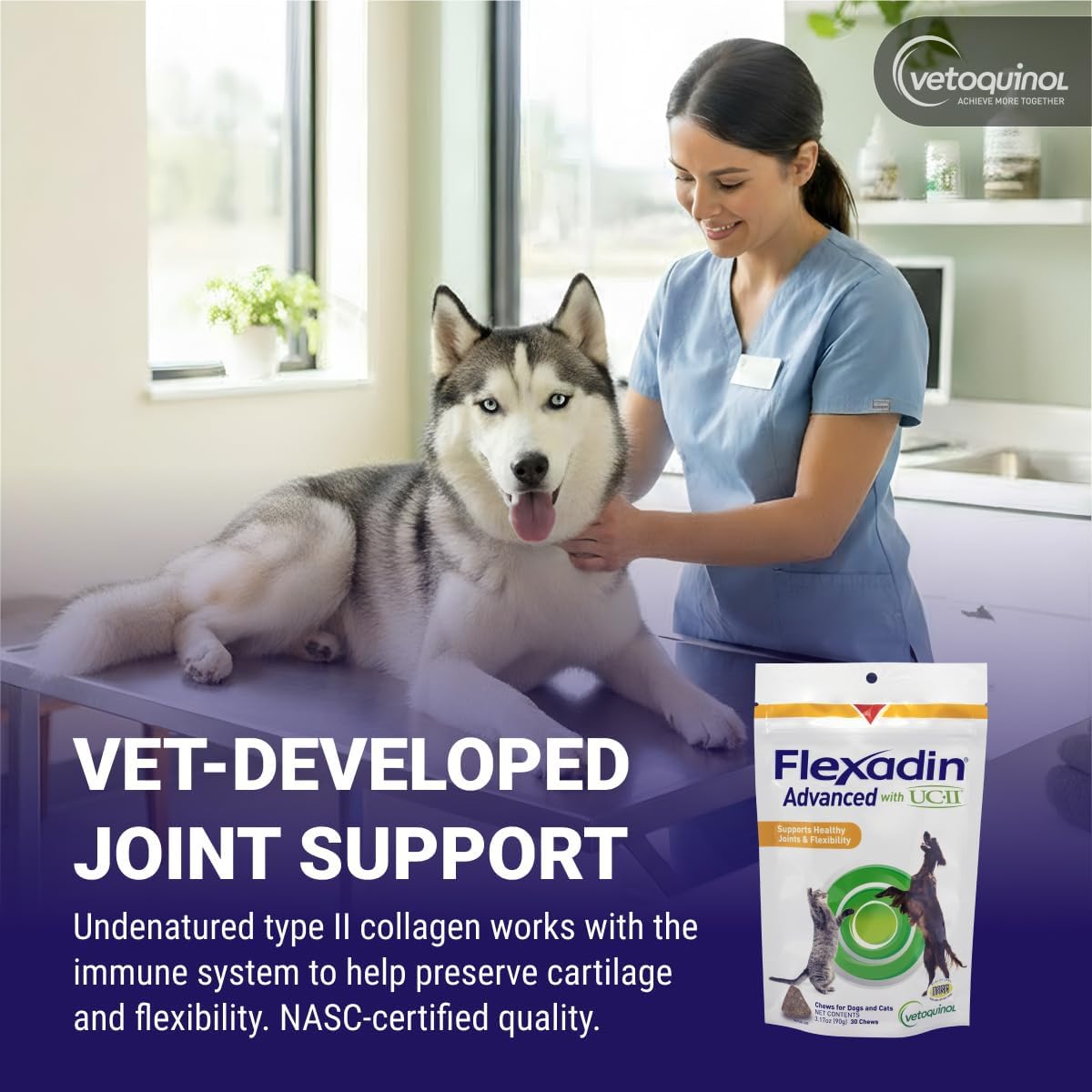 Vetoquinol Flexadin Advanced Hip and Joint Supplement with Undenatured Collagen for Dogs and Cats, 30 Chews - görsel 3