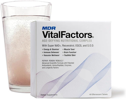 MDR VitalFactors NAD+ Anti-Ageing Drink Mix – Doctor Formulated Effervescent Tablets with Resveratrol, SOD, B12 & D3 – Supports Cellular Health & Vitality – 40 Tablets