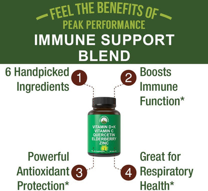 Peak Performance Immune Support Supplement - 6 Key Ingredients Vitamin D3 K2, Vitamin C, Elderberry, Zinc, Quercetin