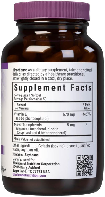 Bluebonnet Vitamin E 1000 IU Mixed Tocopherol Softgels, 50 Capsules