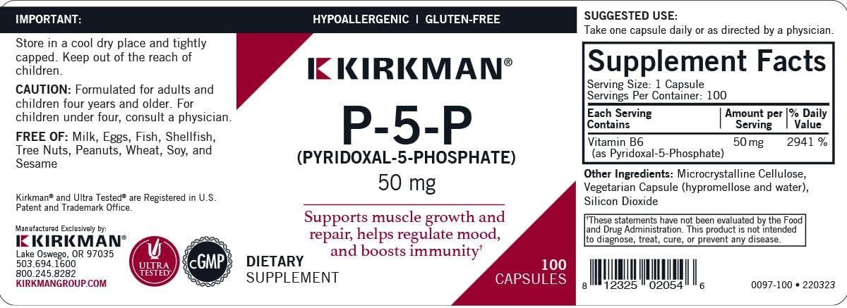 Kirkman – P-5-P (Pyridoxal 5-Phosphate, Vitamin B-6 Metabolite) 50 mg – Hypoallergenic 100 Capsules - görsel 3