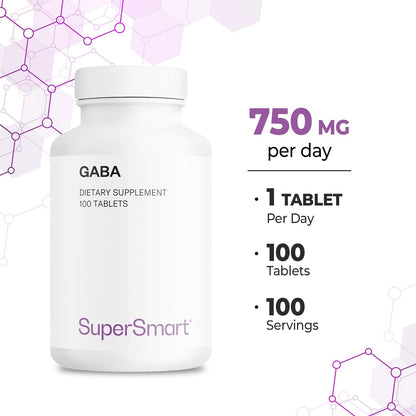 Supersmart - GABA 750mg per Day (High Strength) - Gamma-Aminobutyric Acid Supplement | Non-GM & Gluten-free - 100 Tablets