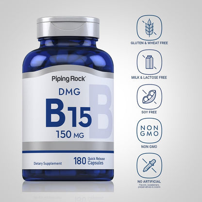 Piping Rock DMG B15 | 150 mg | 180 Capsules | Dimethylglycine HCl | Non-GMO, Gluten-free