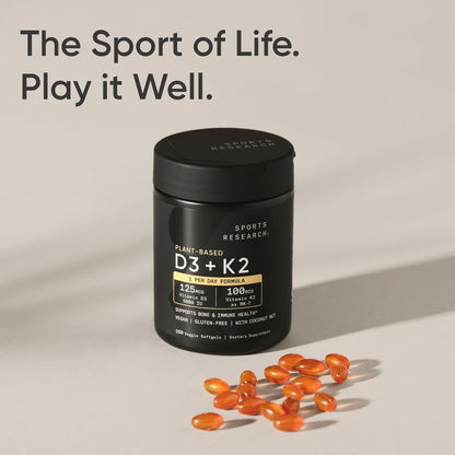 Sports Research Vitamin D3 K2 with 5000 IU of Plant-Based D3 & 100 mcg of Vitamin K2 as MK-7, Non-GMO Verified & Vegan Certified - 160 Liquid Soft gel capsule Capsules