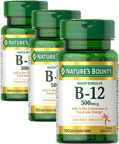 Nature's Bounty Vitamin B12 500mcg Sublingual Tablets, Pack of Two
