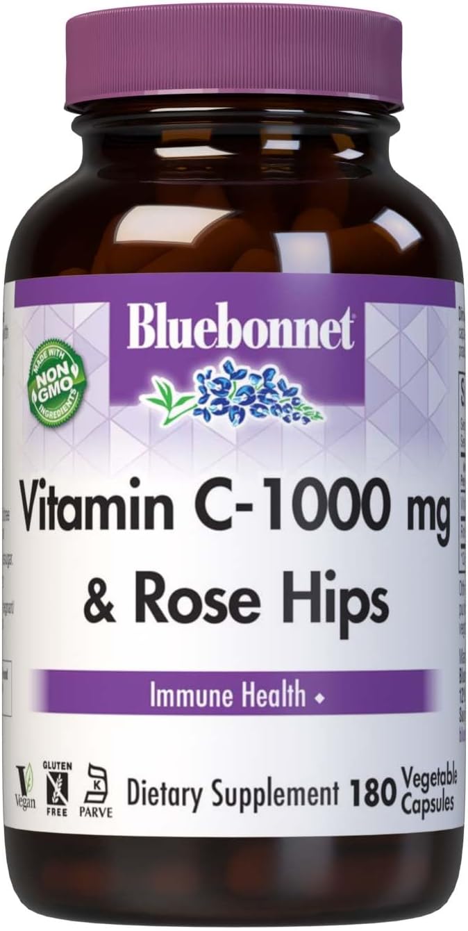 BlueBonnet Vitamin C 1000mg with Rose Hips – L-Ascorbic Acid, Vegan, Non-GM – 180 Vegetable Capsules - görsel 1