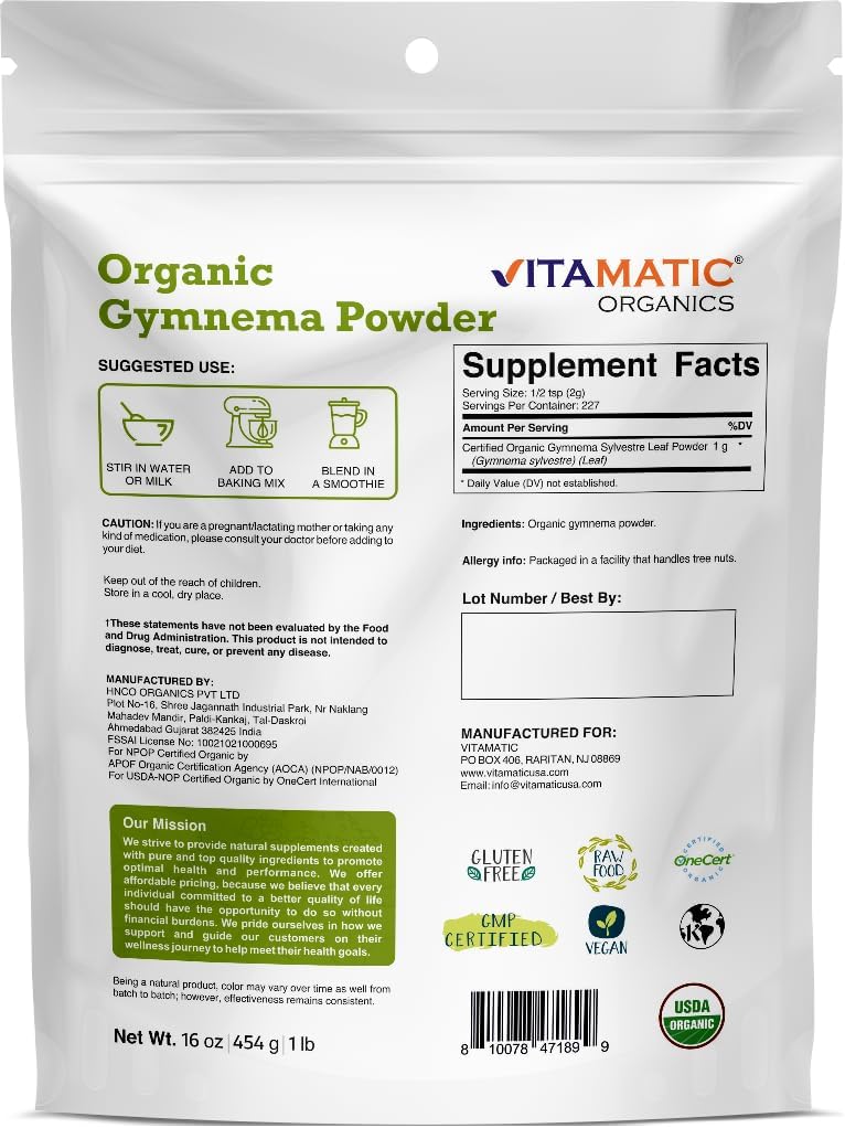 Vitamatic Certified Organic Gymnema Leaf Powder – 454g – Natural Herbal Support for Overall Wellness - görsel 2