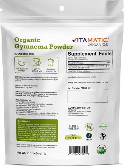 Vitamatic Certified Organic Gymnema Leaf Powder – 454g – Natural Herbal Support for Overall Wellness