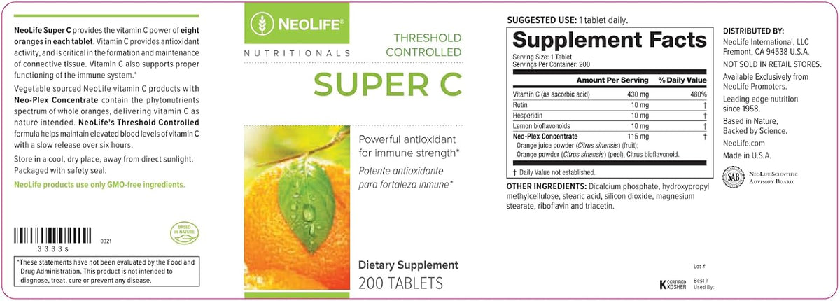 NeoLife Super C - Plant Based Vitamin C Supplement, 430mg with Rutin, Hesperidin & Bioflavonoids, 200 Tablets - görsel 5