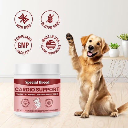 Special Breed Cardio Support for Dogs – Taurine, L-Carnitine, CoQ10 & Organic Hawthorn Berry Powder – 120 Servings