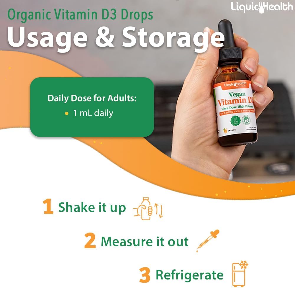 LIQUIDHEALTH Vitamin D3 4000 IU, USDA Organic Vitamin D Liquid Drops for Adults & Kids, Vegan Vitamin D for Immune System Support and Bone Health - Made in USA (2 Pack) - görsel 4