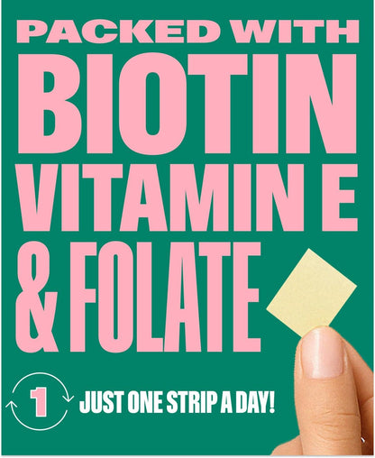 NuStrips Fast-Dissolving Beauty Strips with Biotin, Folate & Vitamin E – Hair, Skin & Nails Supplement – Vegan, Non-GMO – Strawberry Flavour (30 Strips)