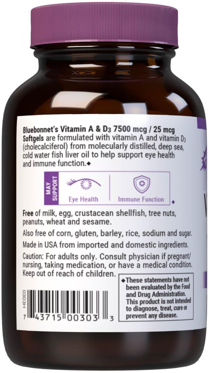 Bluebonnet Nutrition Vitamin A & D3 25,000 IU/1,000 IU – 100 Softgels - görsel 3