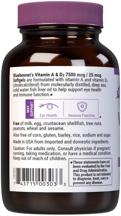 Bluebonnet Nutrition Vitamin A & D3 25,000 IU/1,000 IU – 100 Softgels