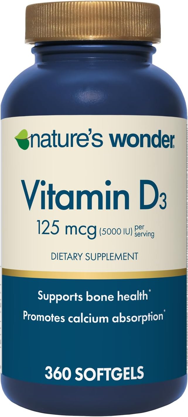 Nature's Wonder Vitamin D3 5000iu (125mcg) High Potency, Food Supplement to Support Bone Health and Immune System, Gluten-free, 360 Soft gel capsules, 1 Year Supply - görsel 1