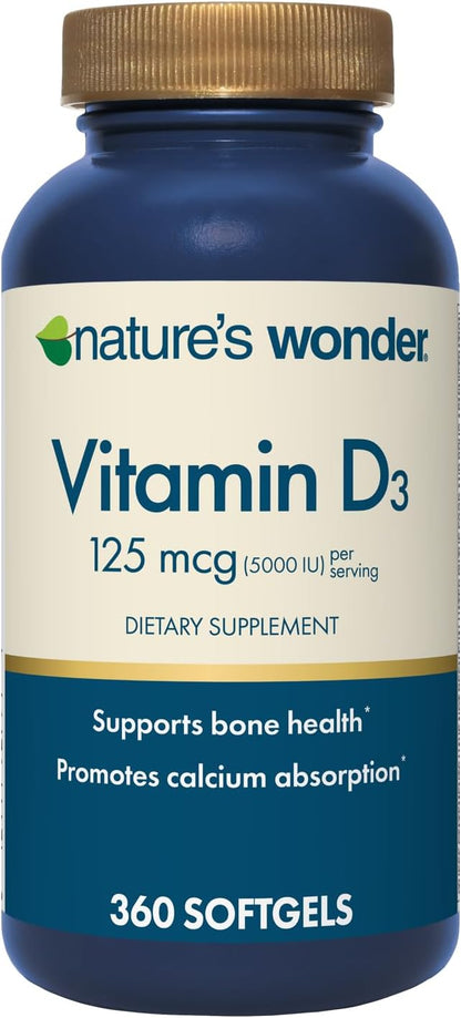 Nature's Wonder Vitamin D3 5000iu (125mcg) High Potency, Food Supplement to Support Bone Health and Immune System, Gluten-free, 360 Soft gel capsules, 1 Year Supply
